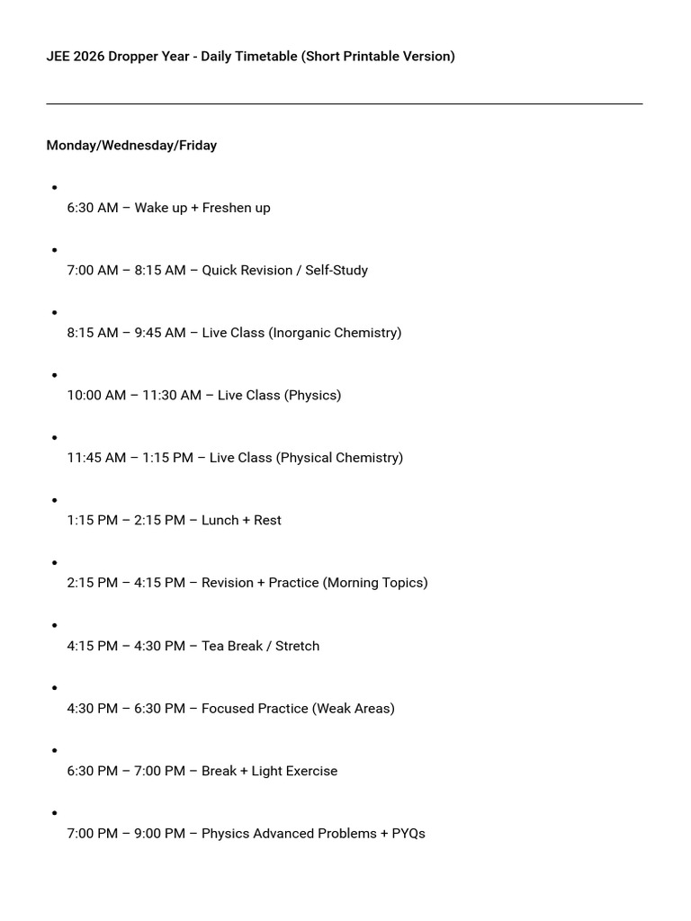 JEE 2026 Dropper Daily Study Plan | PDF