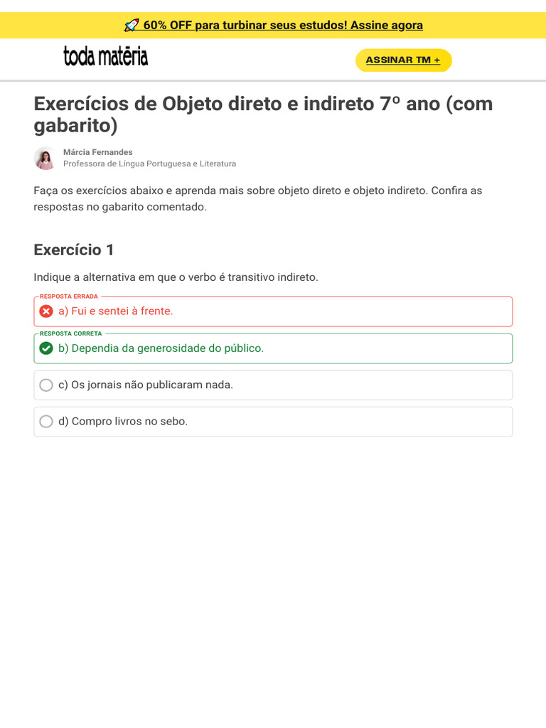 Exercícios de Objeto Direto e Indireto 7º Ano | PDF | Objeto (gramática ...