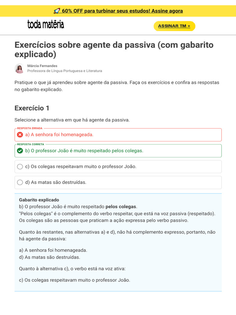 Exercícios sobre Agente da Passiva | PDF | Assunto (gramática) | Objeto ...