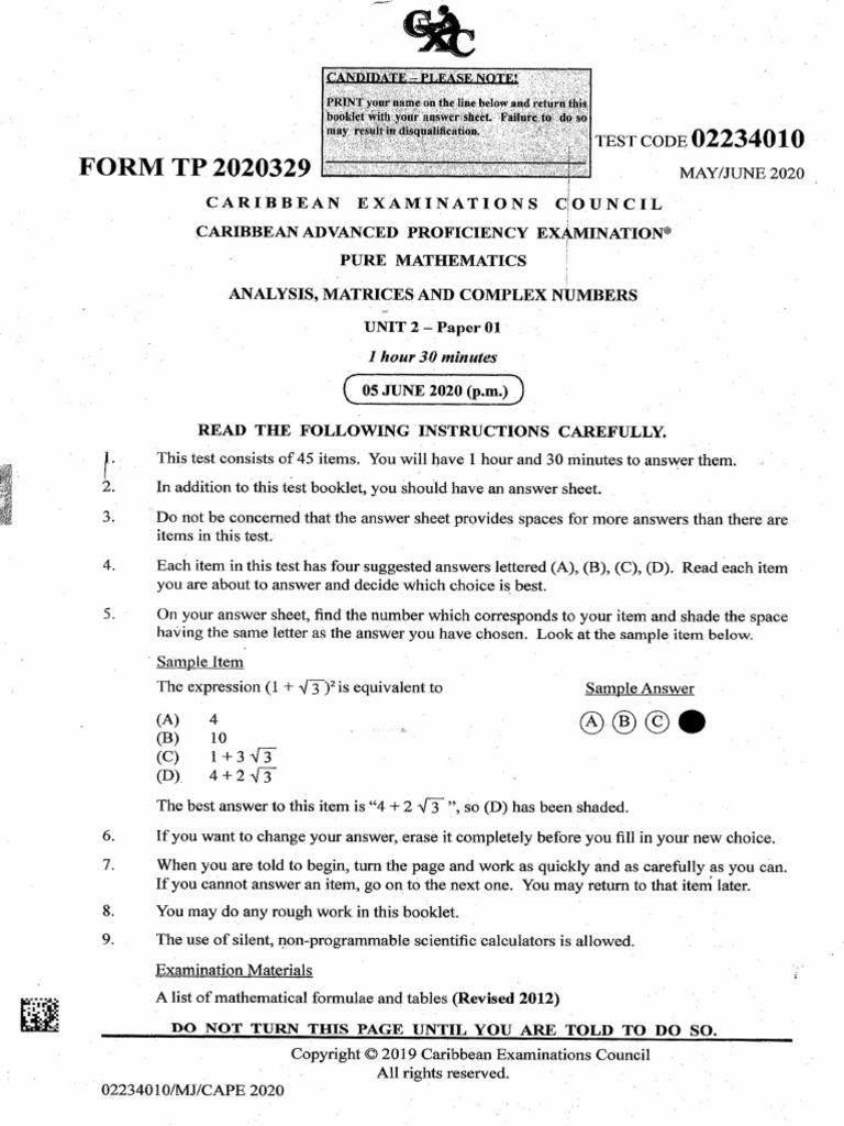 Pure Maths 2020 Paper 1 Answers | PDF