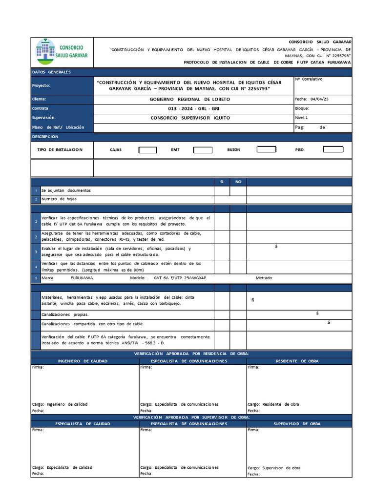 Protocolo Instalación Cable F/UTP Cat.6A | PDF | Equipo de ...