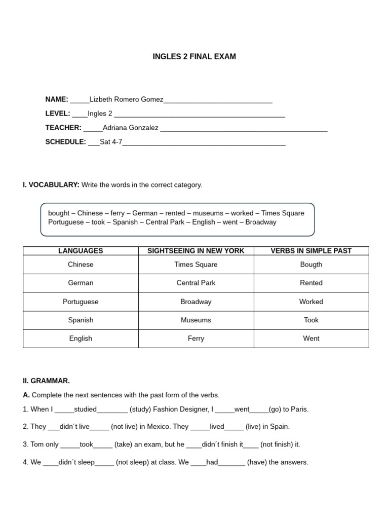 Ingles 2 Final Exam Responses | PDF | English Language | Spanish Language