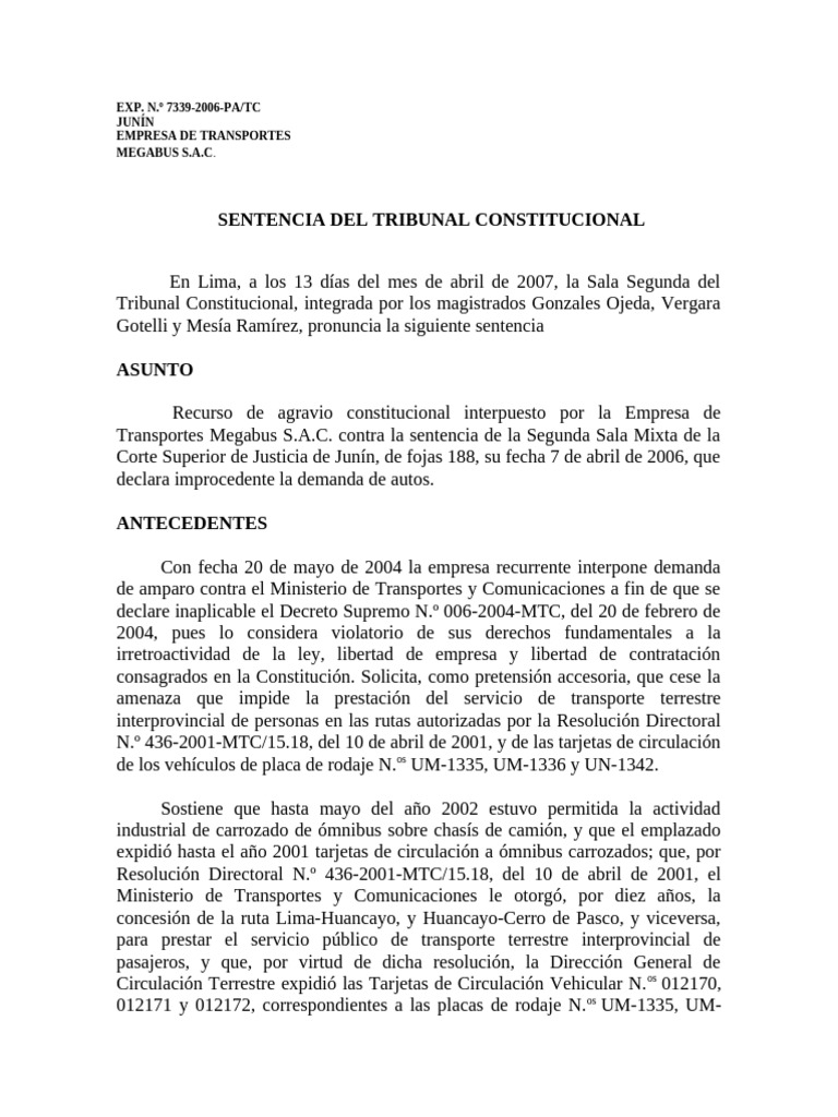 Sentencia del TC sobre Megabus S.A.C. | PDF | Estado (política) | Los ...