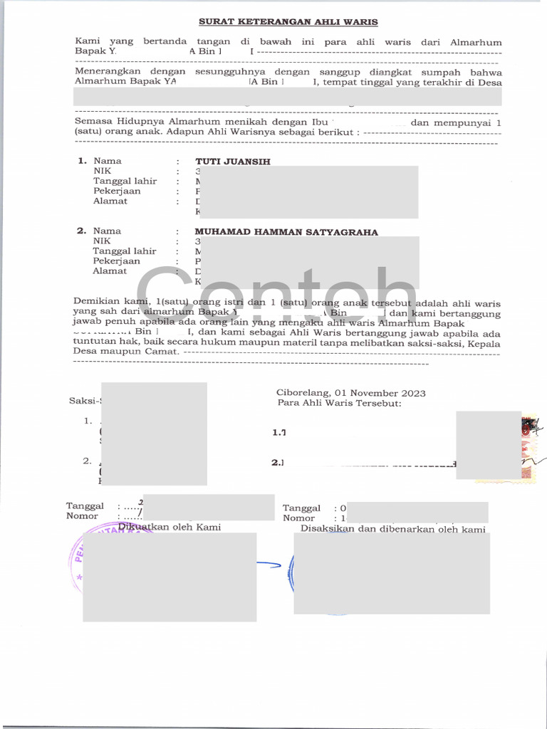 Contoh Surat Keterangan Ahli Waris Pdf