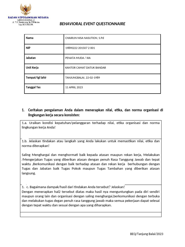 Pengalaman dalam Behavioral Event Questionnaire | PDF