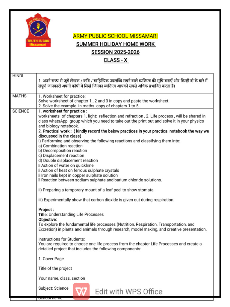 Class X Summer Homework 2025-26 | PDF | Nutrition | Diet & Nutrition