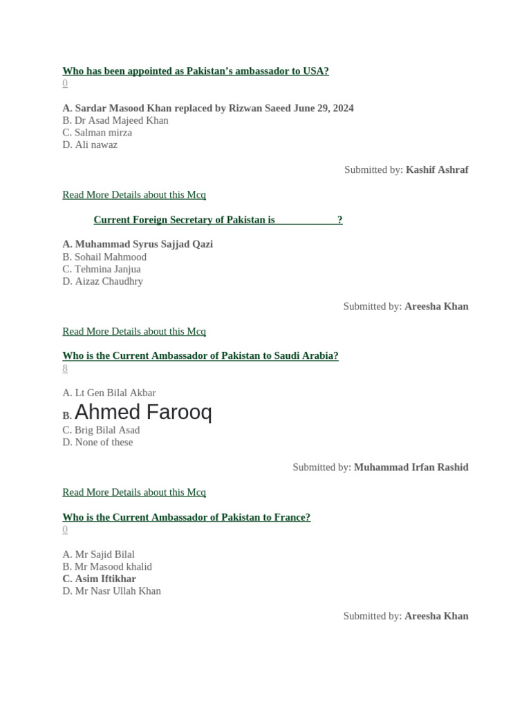 Current Pakistani Ambassadors List 2024 | PDF | Pakistan | Government ...