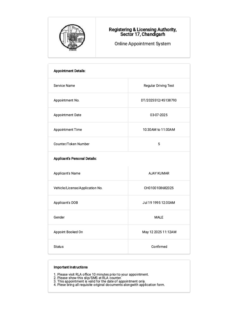 Admser - Chd.nic - in RLAApt Print - Aspx | PDF
