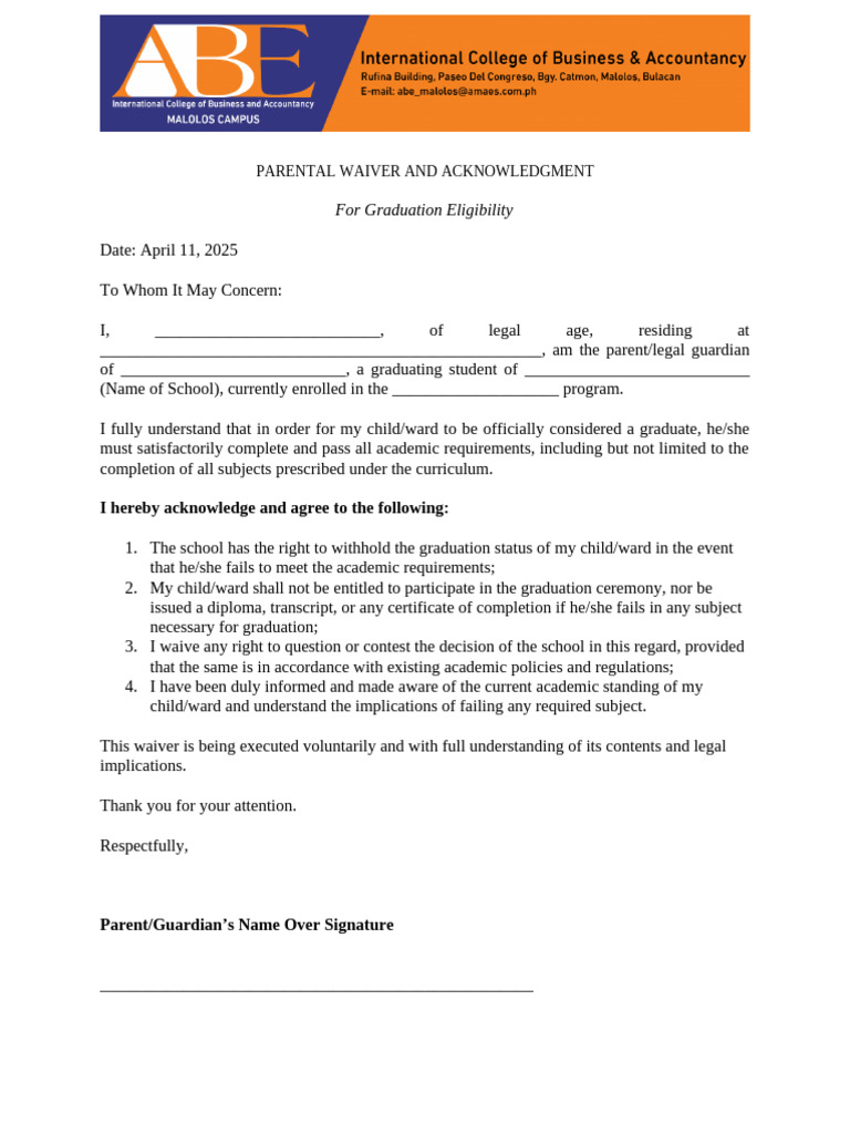 Parental Waiver and Acknowledgment - Graduating Students | PDF