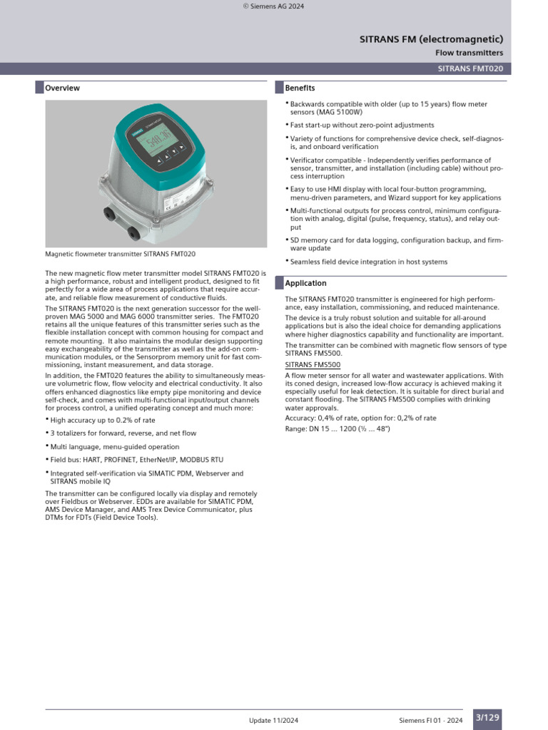 SITRANS FMT020 Flow Transmitter Overview | PDF | Flow Measurement ...
