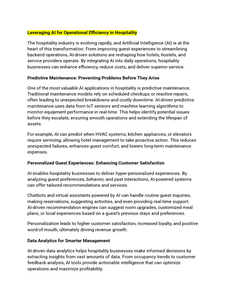 Leveraging AI for Operational Efficiency in Hospitality | PDF ...