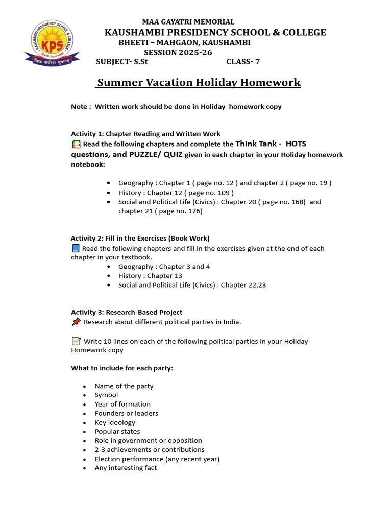 Class 7 S.St Holiday Homework Guide | PDF
