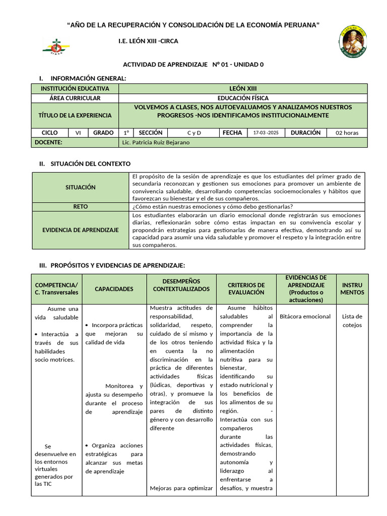 Actividad de Aprendizaje 01 - U0 - Segundo Grado | PDF | Las emociones ...