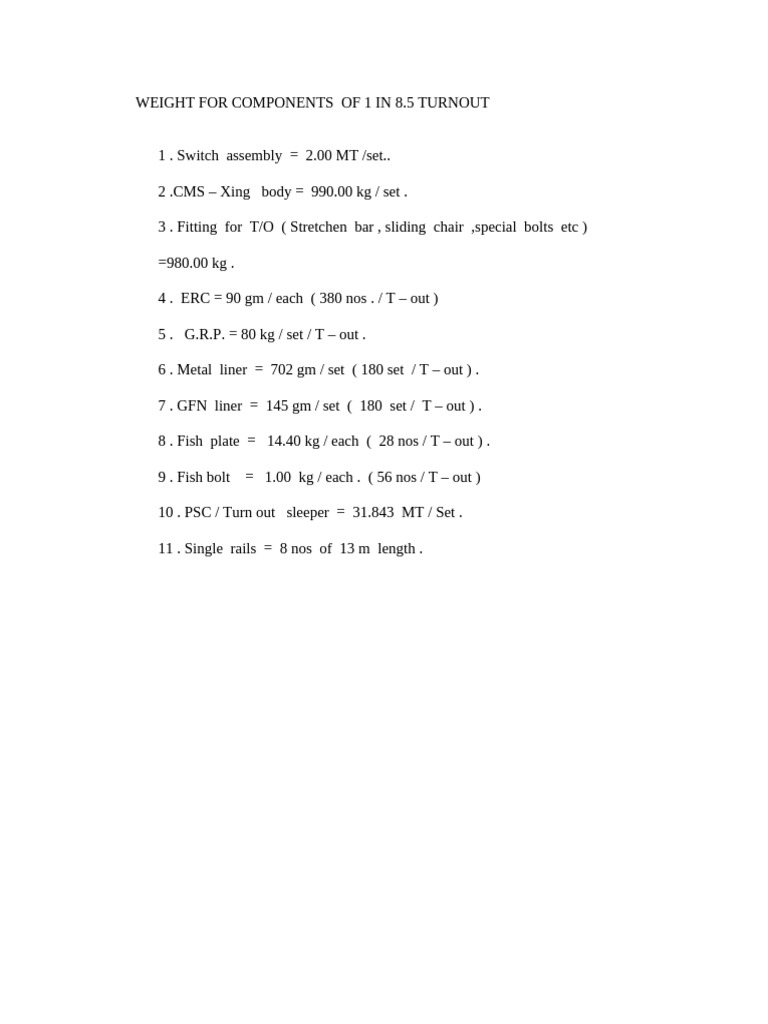 Weight For Components of 1 in 8.5 Turnout | PDF