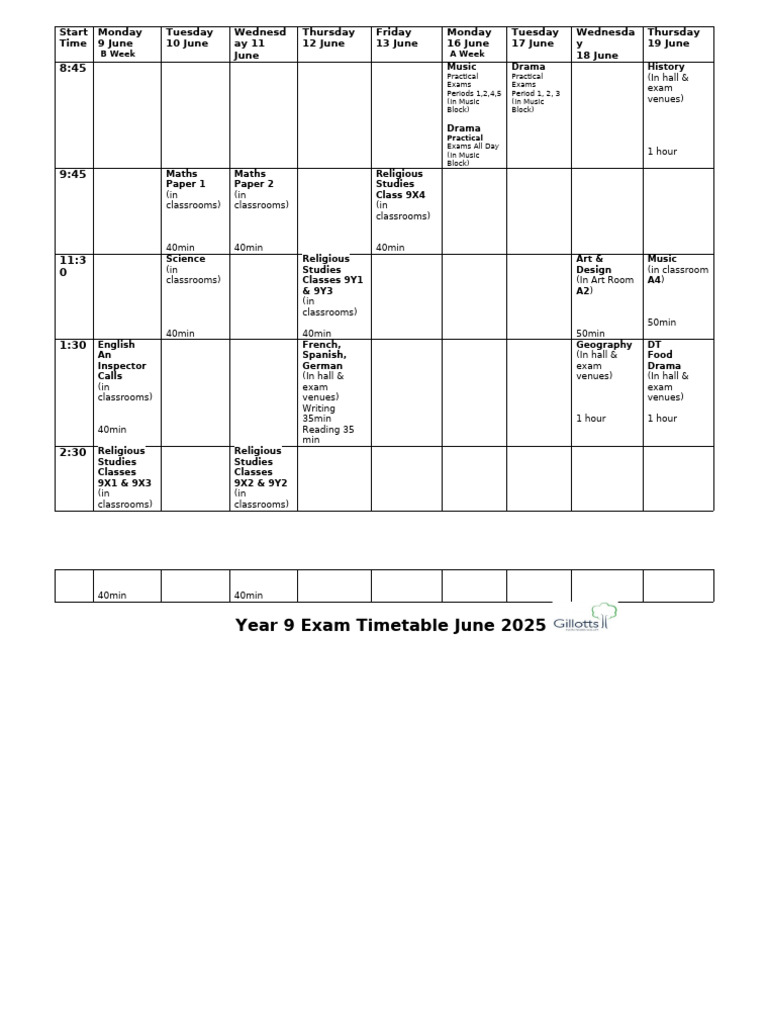 Year 9 Exam Timetable 2025 Final | PDF