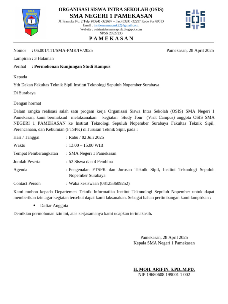 Surat Permohonan Izin Visit Kampus ITS FTSPK (1) Oke | PDF