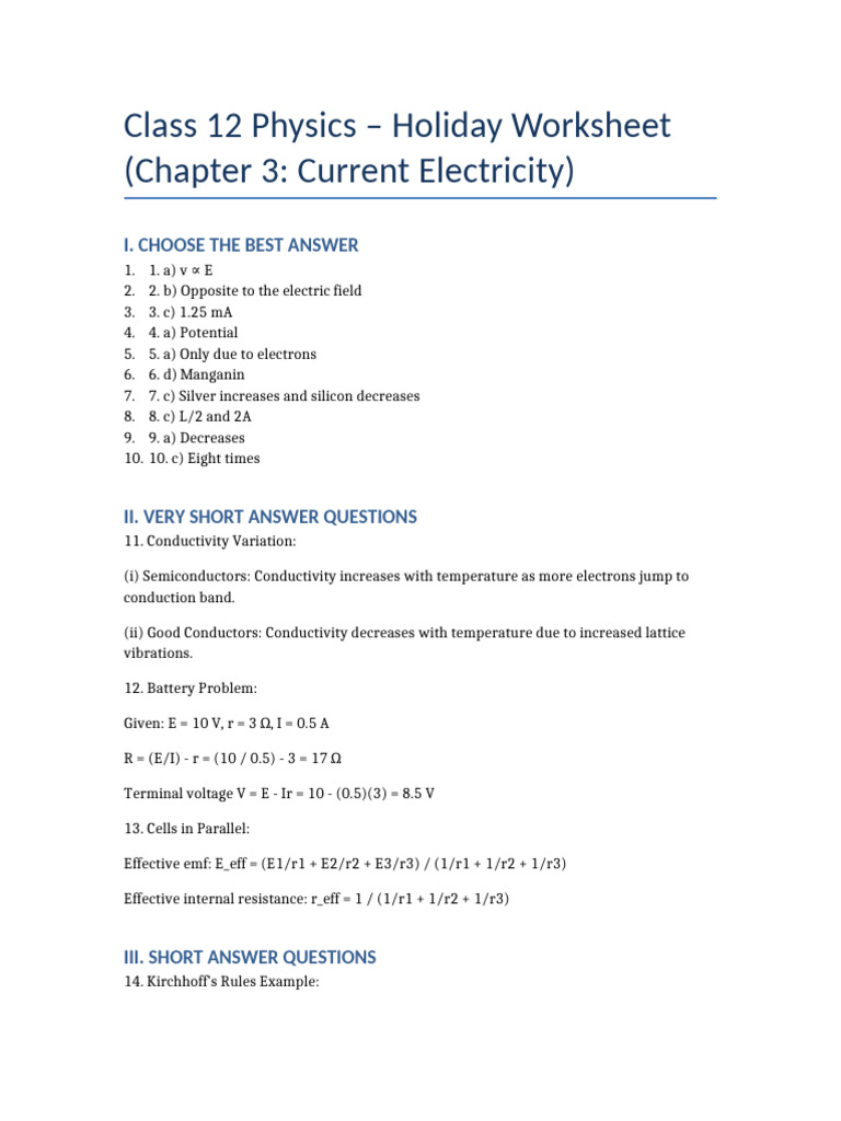 Class 12 Physics Current Electricity Worksheet | PDF