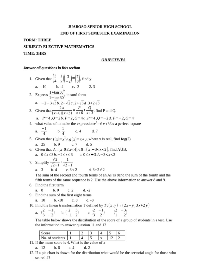 Juaboso SHS Elective Mathematics Exam | PDF