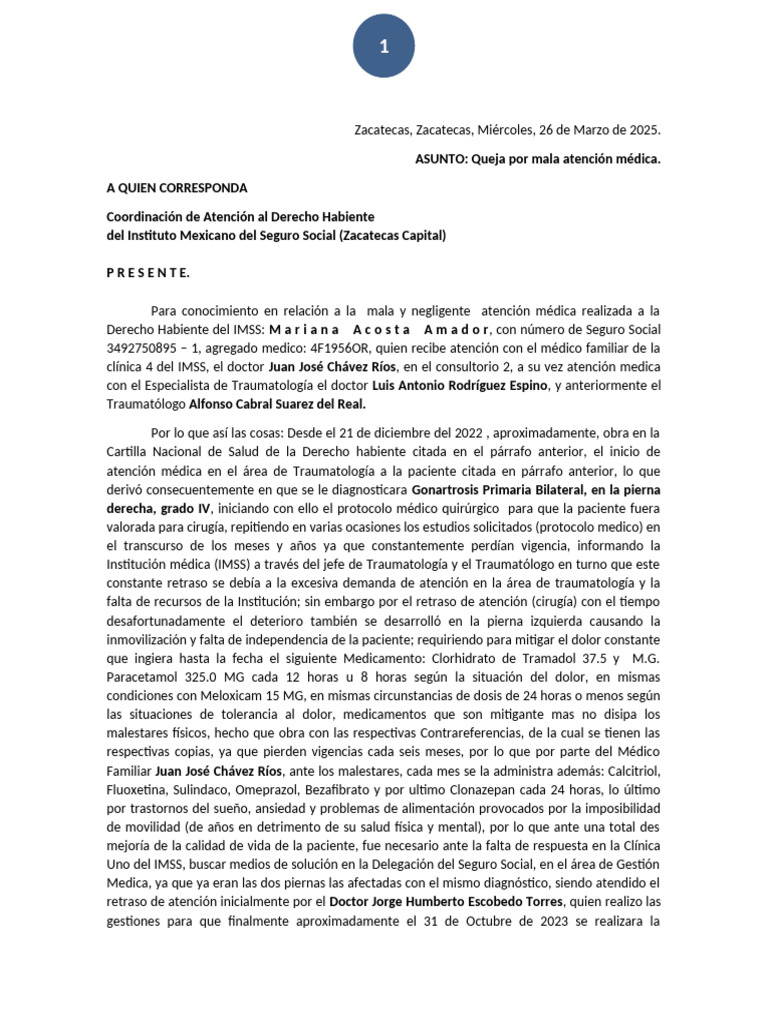 Queja por Negligencia Médica en IMSS Zacatecas | PDF | Cuidado de la ...