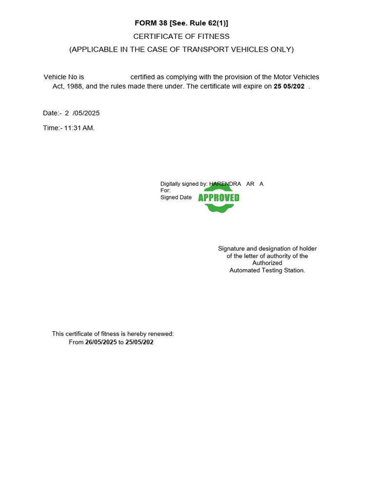 Form 38 Vehicle Fitness Certificate | PDF