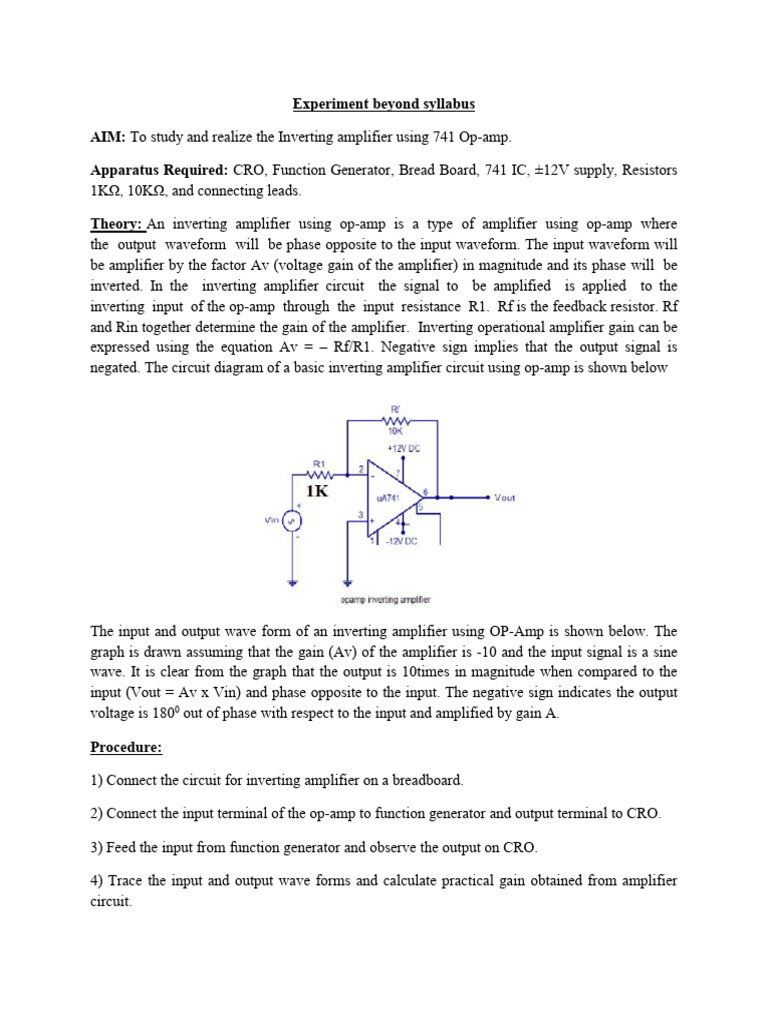 Inverting Amplifier Experiment with 741 Op-Amp | PDF