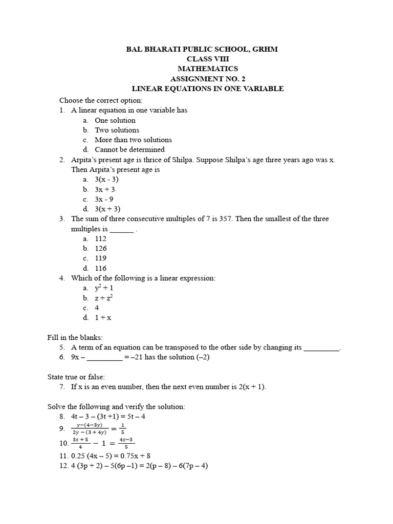 Viii - Maths - 2 - Linear Equations in One Variable | PDF
