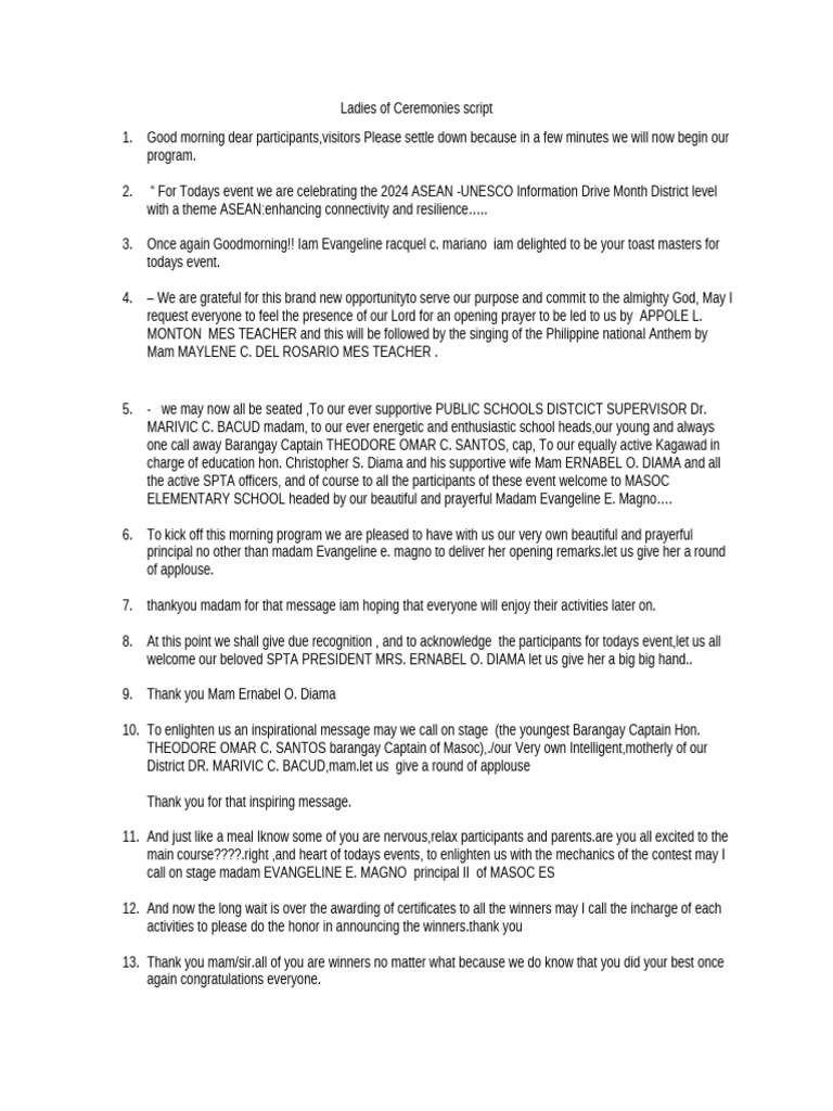 Ladies of Ceremonies Script | PDF