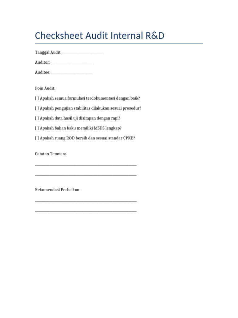 Checksheet Audit Internal RD | PDF