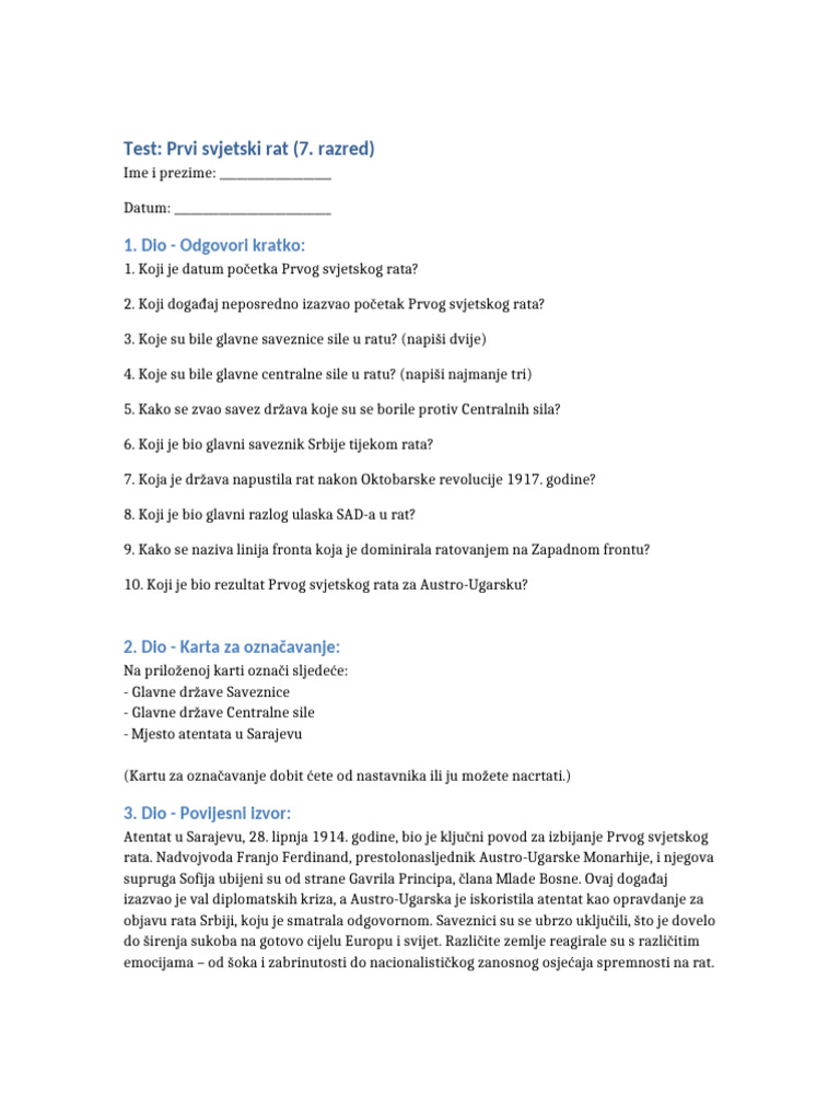 Test Prvi Svjetski Rat HR Pun | PDF