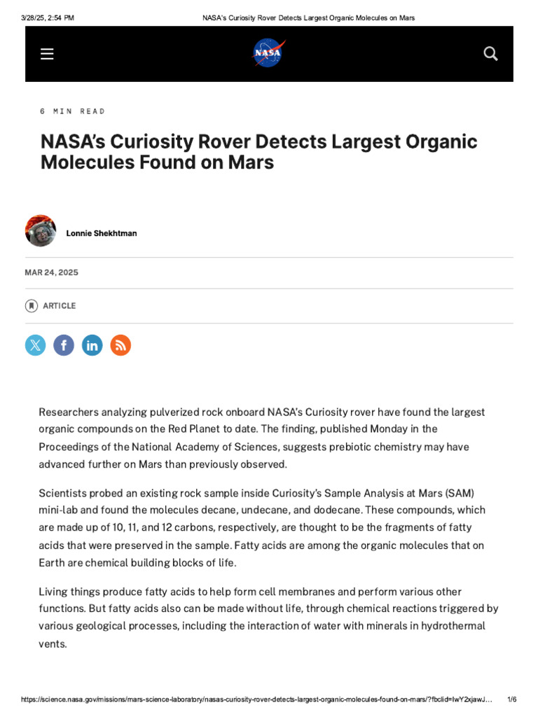 NASA_s Curiosity Rover Detects Largest Organic Molecules on Mars | PDF