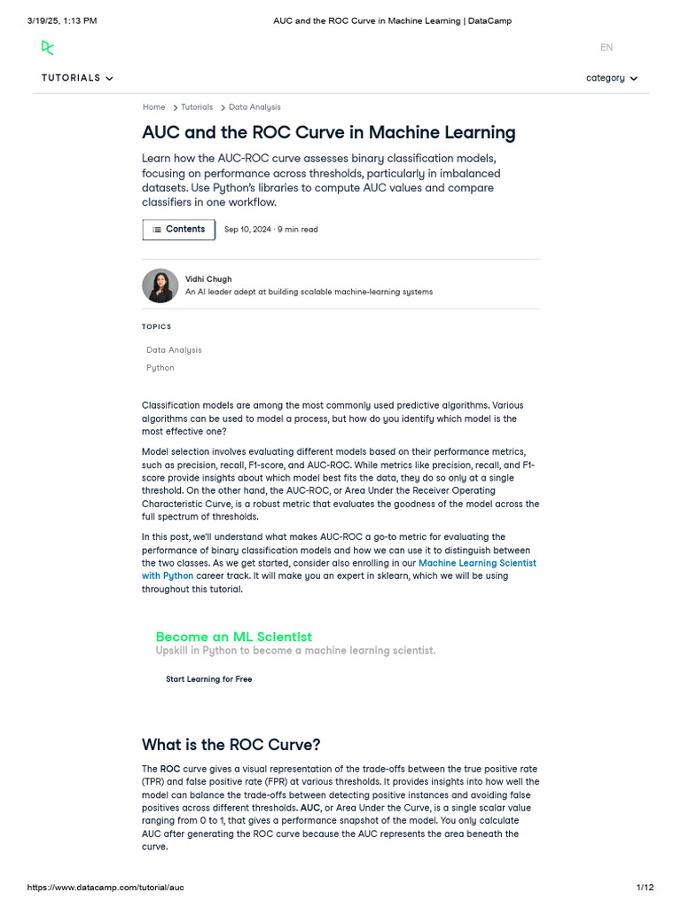 AUC-ROC Curve in Machine Learning | PDF | Receiver Operating ...