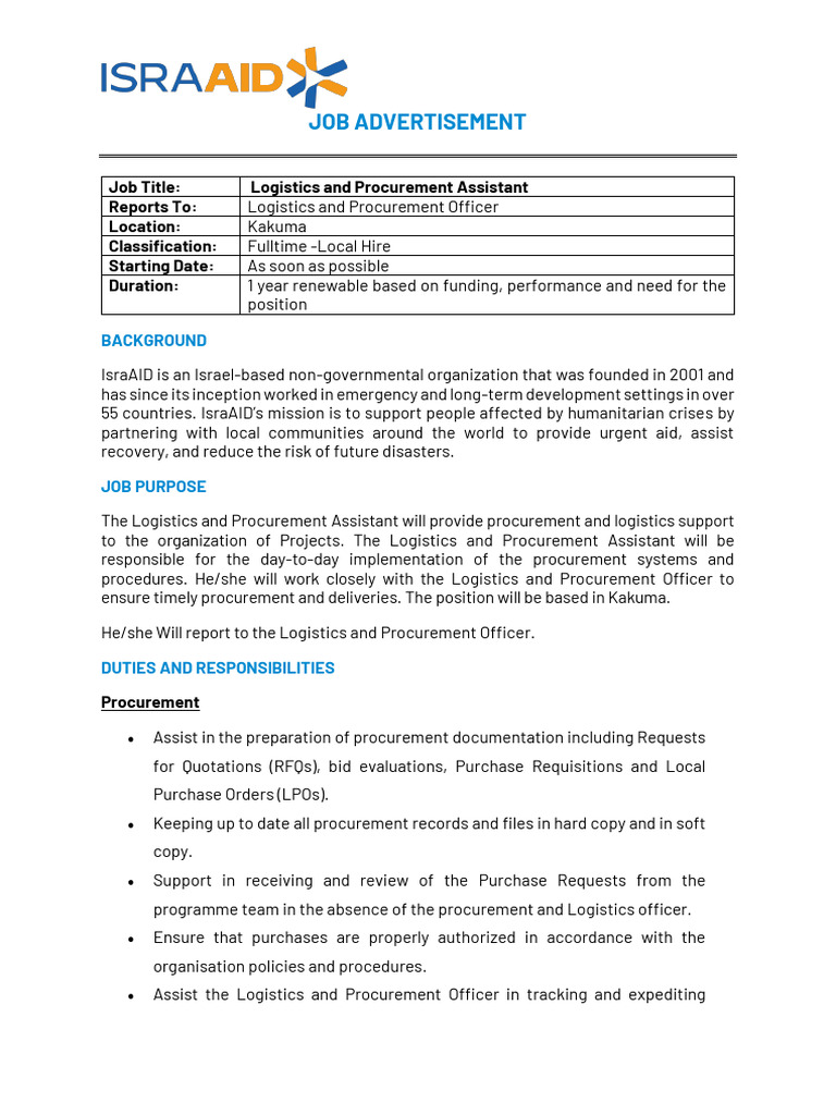Logistics and Procurement Assistant Job | PDF | Procurement | Logistics