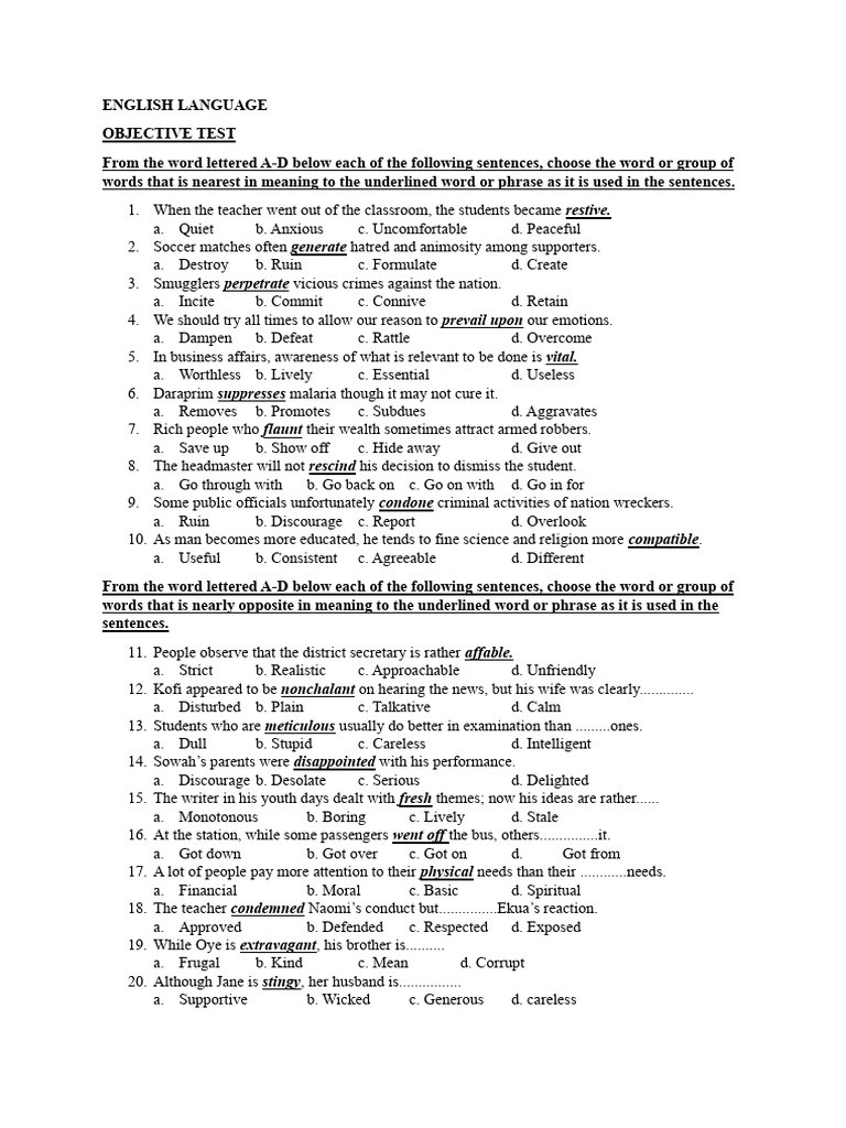 English Language Vocabulary Test | PDF