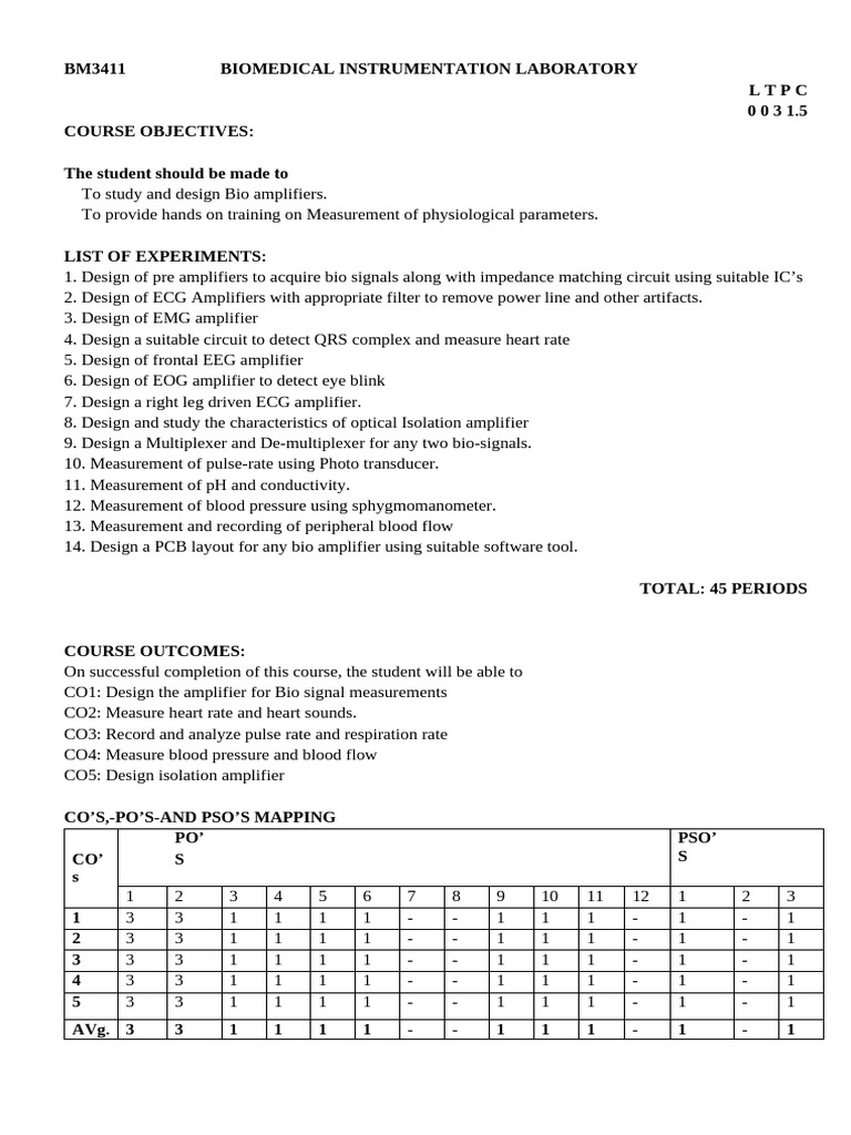 Biomedical Instrumentation Lab Manual | PDF | Amplifier | Electronic ...