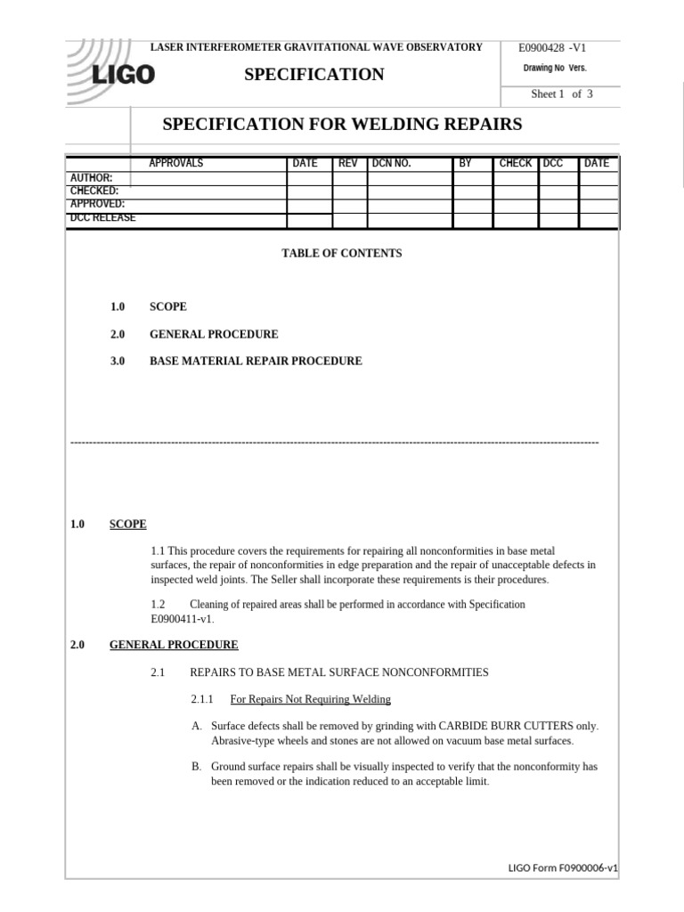 E0900428-V1 - Spec For Welding Repair | PDF | Welding | Construction