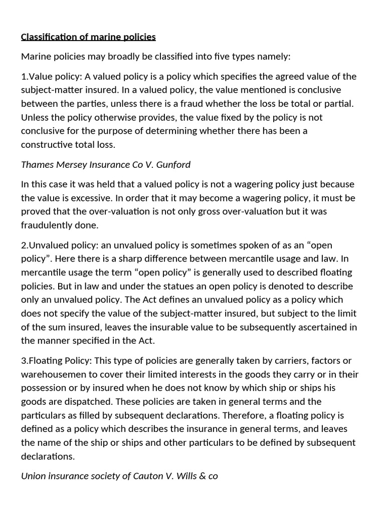 Classification of Marine Policies | PDF | Insurance | Ships