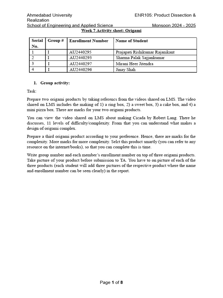 Origami Project Guide for ENR105 | PDF | Origami | Behavioural Sciences