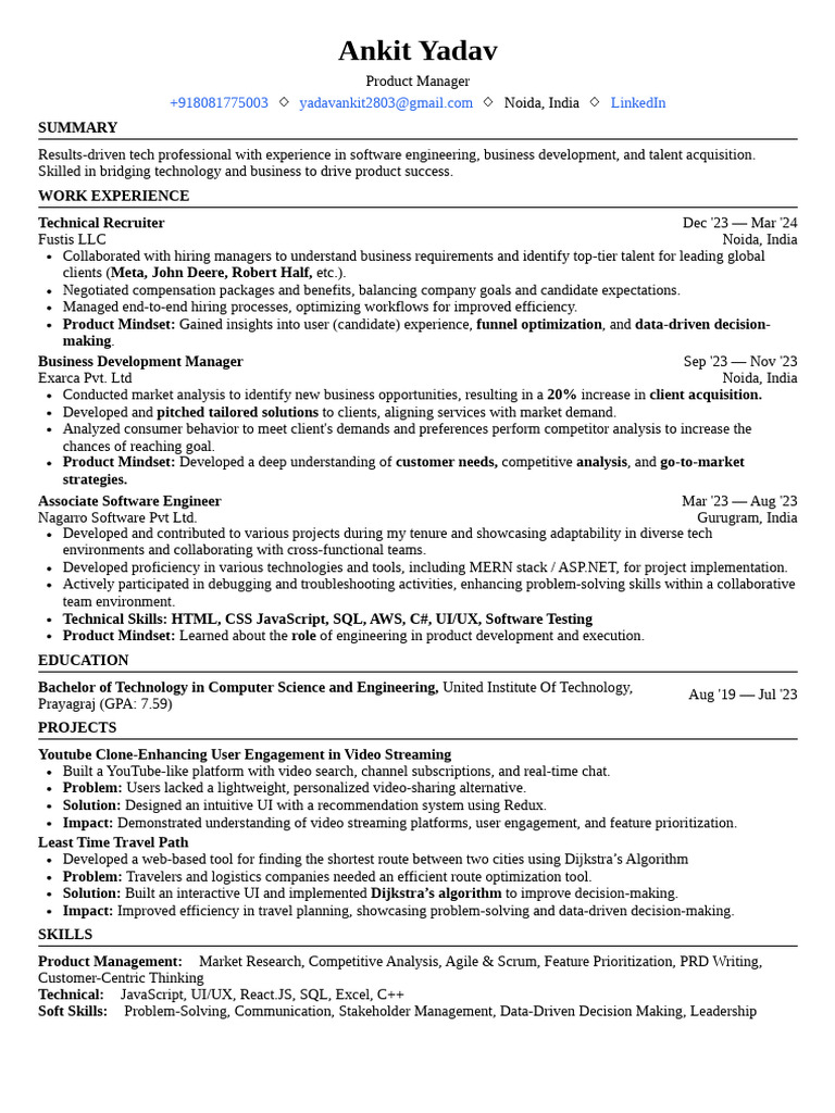 Ankit Yadav: Product Manager Profile | PDF | Recruitment | Computing