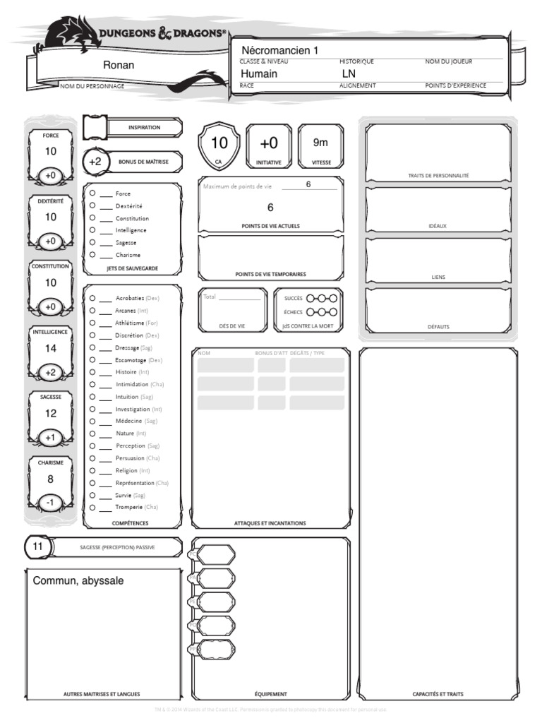 Fiche De Personnage N cromancien D D PDF Jeu De R le Jeux De Table