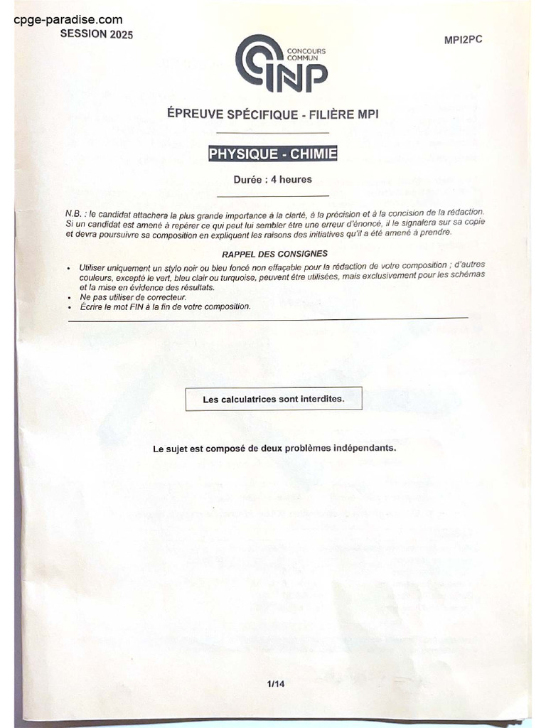 Physique 1 Mpi 2025 | PDF