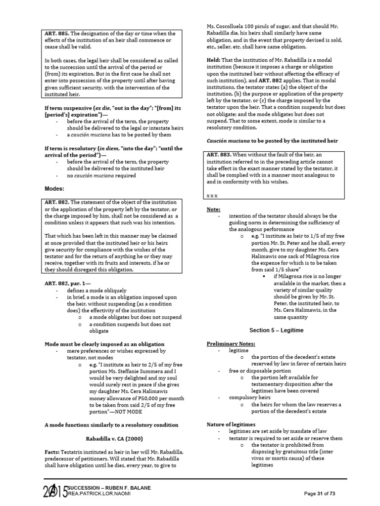 A2015 Balane Succession Reviewer 1 | PDF | Common Law | Kinship And Descent