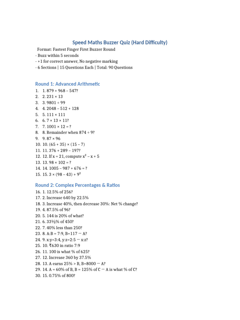 Speed Maths Buzzer Quiz Format | PDF | Arithmetic | Mathematics