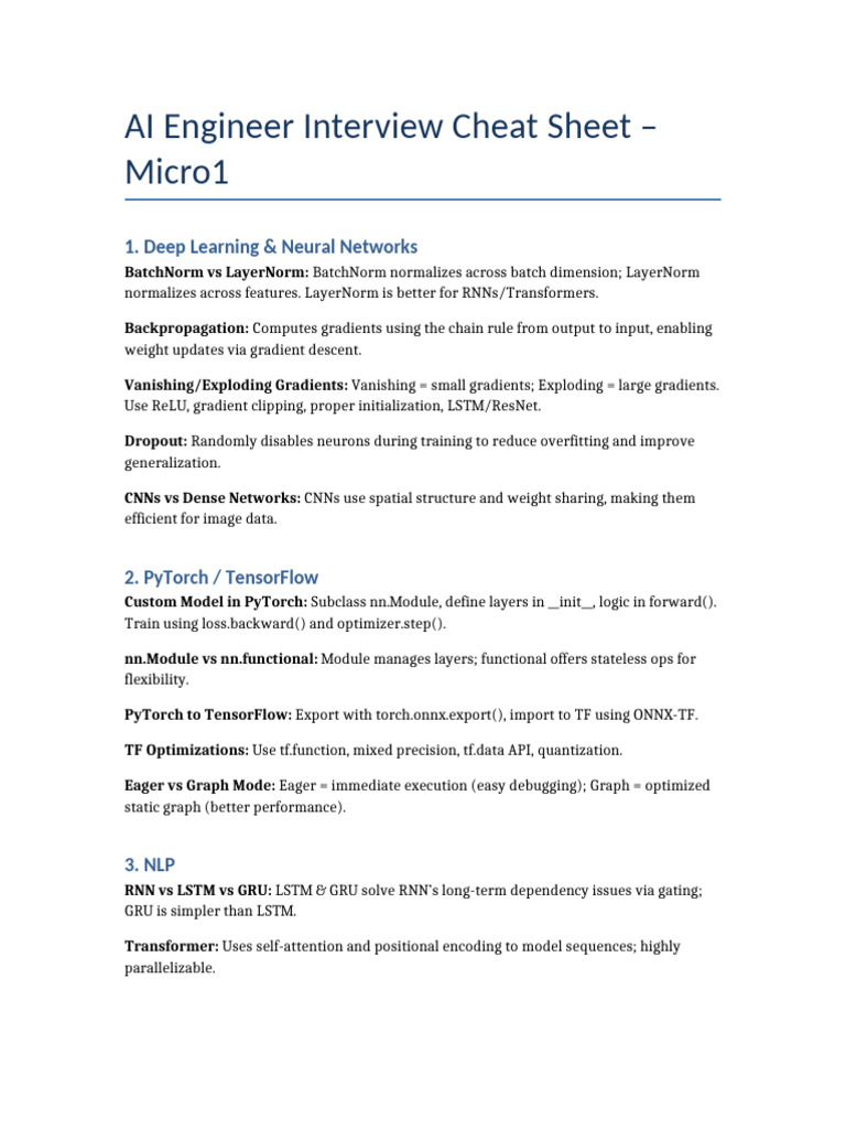 AI Engineer Cheat Sheet Micro1 | PDF | Machine Learning | Statistical ...