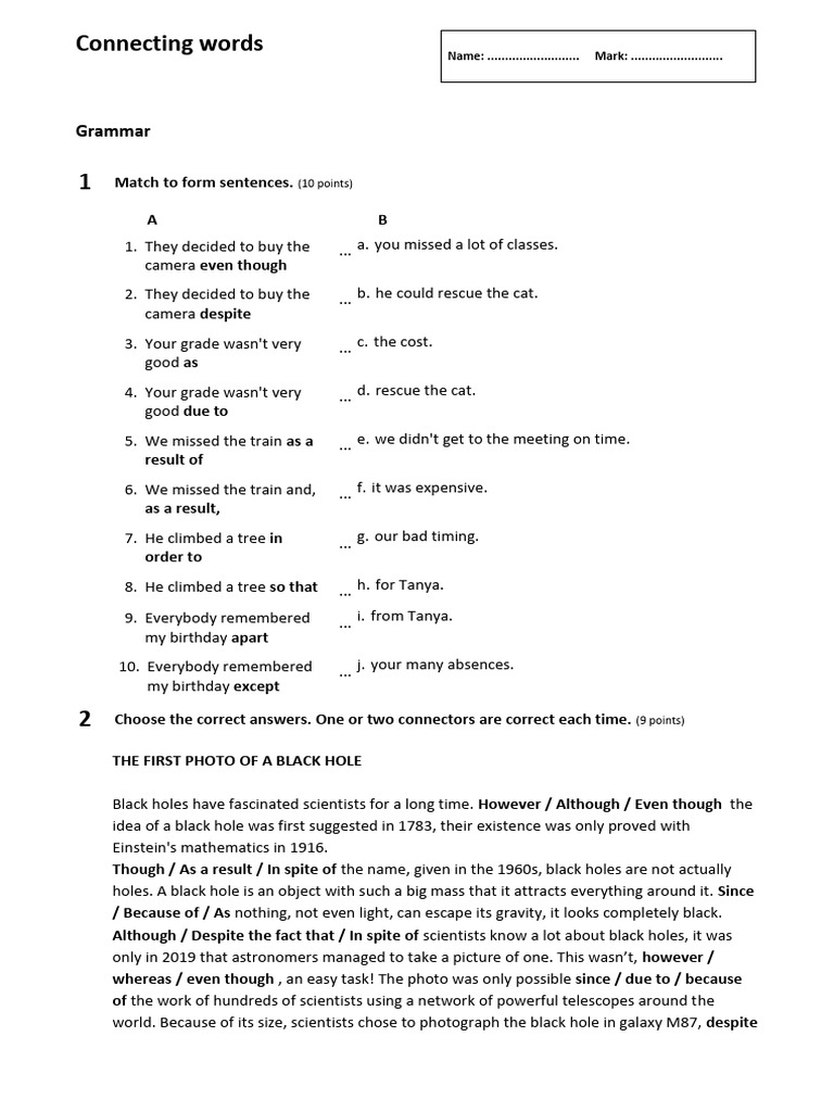 Connecting Words and Sentence Structure Exercises | PDF | Black Hole ...