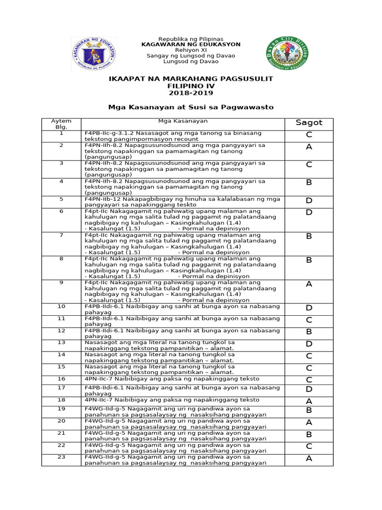 2q Filipino 4 Answer Key | PDF