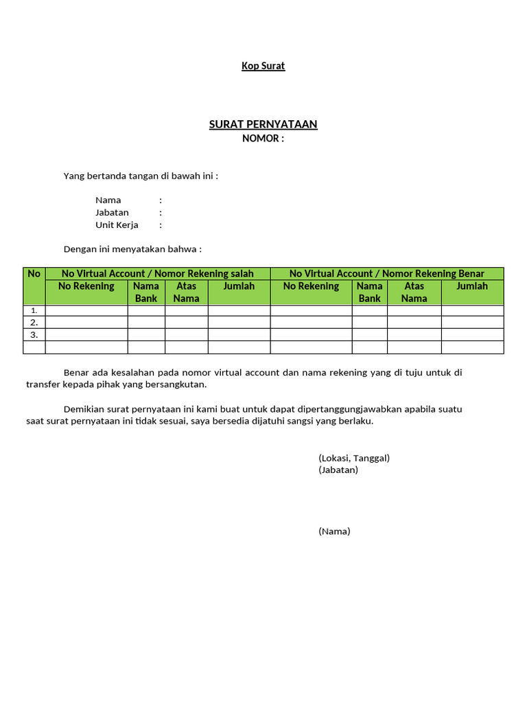 Draft Surat Pernyataan No Va Salah | PDF