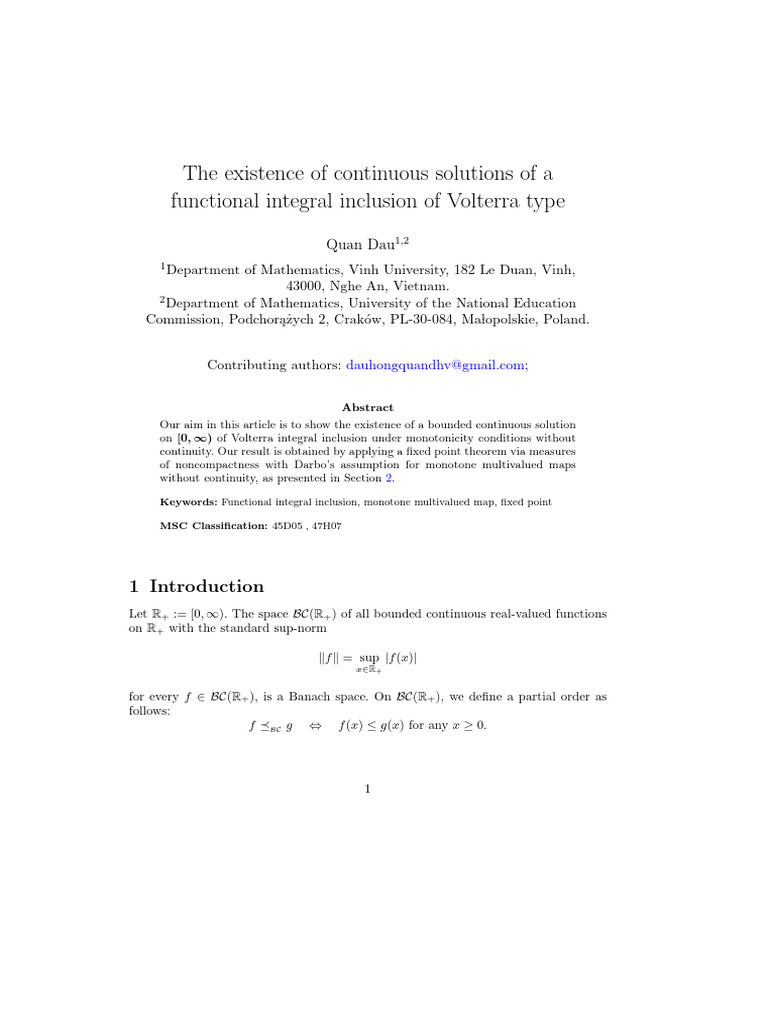 Existence of Continuous Solutions in Volterra Integrals | PDF ...