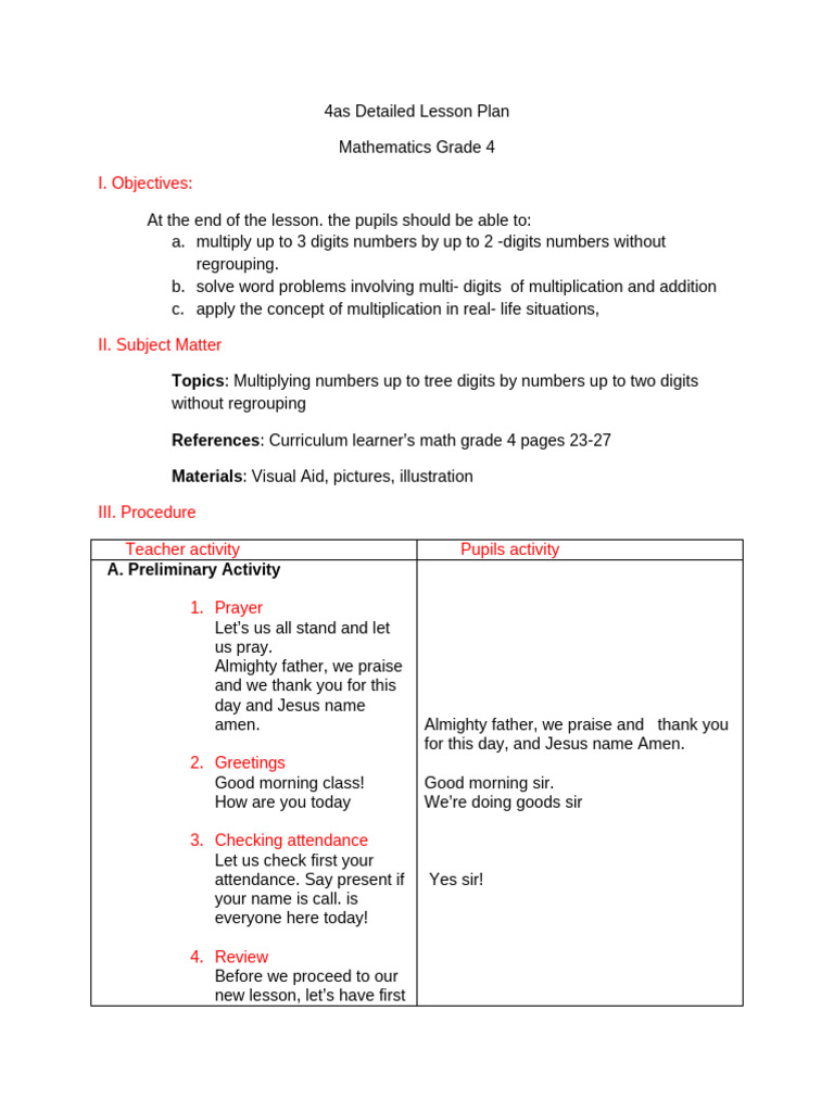 Grade 4 Math Lesson Plan: Multiplication | PDF | Multiplication ...