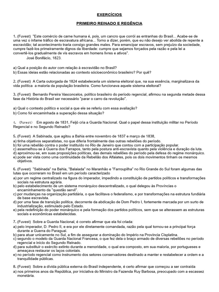 Exercícios sobre o Primeiro Reinado e Regência | PDF | Brasil | Escravidão
