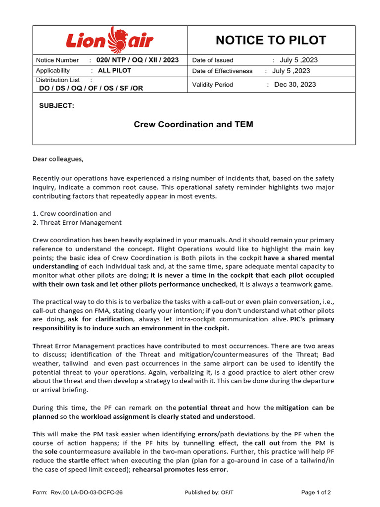 Crew Coordination and TEM Reminder | PDF | Transport Safety | Aviation ...